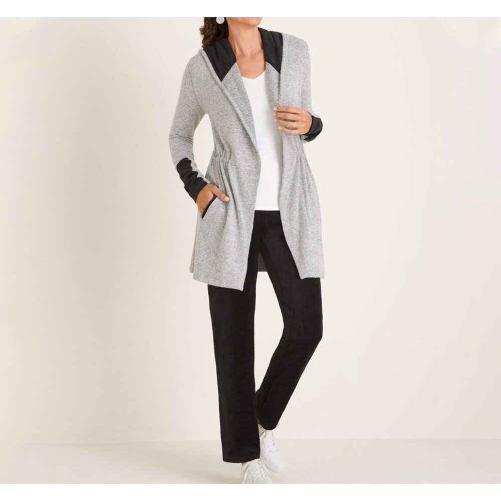 Chicos Zenergy Gray & Black Hooded Open Front Cardigan Jacket Women’s‎ 3, 16-18